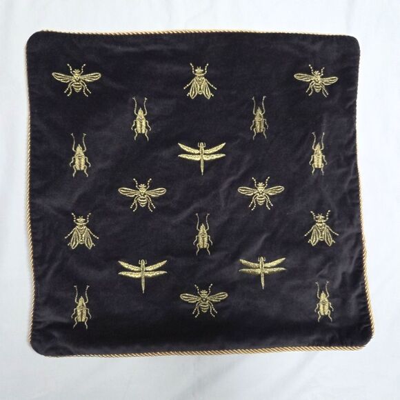 Bug Embroidered Cushion Cover Charcoal Velvet - Picture 1 of 6